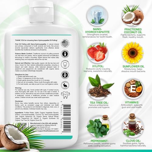 Nano-Hydroxyapatite Oil Pulling Whitening Mouthwash for Teeth and Gums, Natural & Organic, Whitens Teeth, Strengthens Enamel, Fights Bad Breath & Plaque – Smooth & Non-Greasy – for Adults & Kids