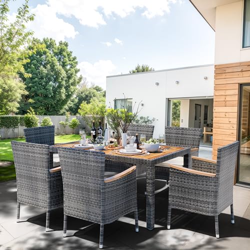 Shintenchi 7 Pieces Patio Dining Set, Wicker Patio Furniture Set with Soft Cushions and Wood Table Top, Outdoor Dining Table and Chairs for Backyard, Deck and Garden, Grey Rattan