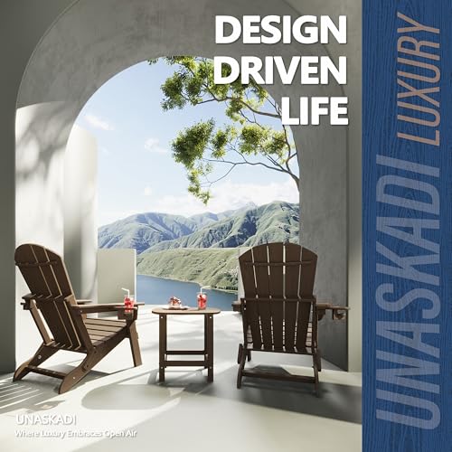 Folding Adirondack Chair Set of 2 with Cup Holder, HDPE All Weather Resistant Plastic Outdoor Patio Chairs, Heavy Duty Fire Pit Seating for Backyard Lawn Garden, Wooden Textured Design(Coffee)