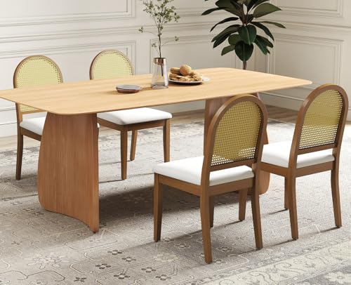 Kmax Farmhouse Rattan Dining Chairs Set of 4 Velvet Upholstered Dining Room Chairs with Cane Back for Kitchen, Brown Wood Frame