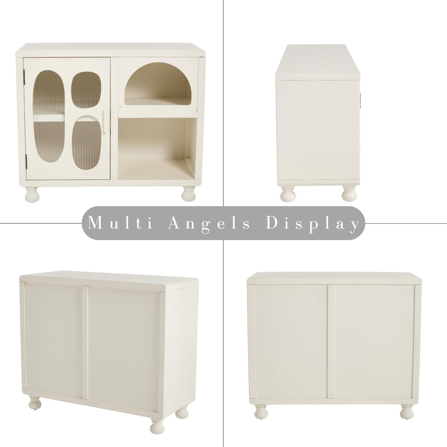 DUOMAY Hollow Display Cabinet with Glass Doors, 31.5" Wide Shallow Sideboard with Irregular Door & 1 Shelve Accent Wood Buffet Cabinet with Storage for Hallway Small Spaces, White