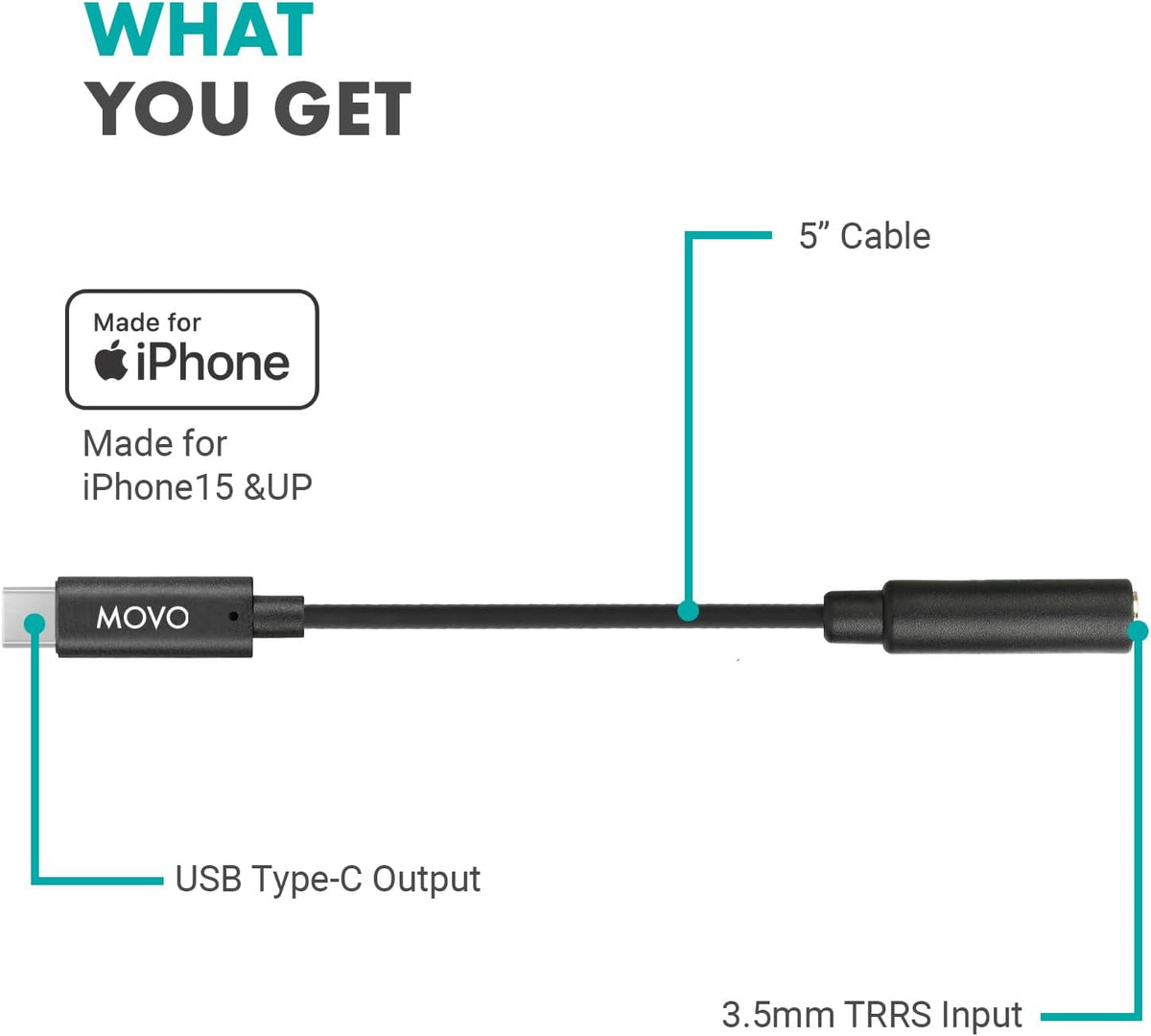 Movo Female 3.5mm TRRS Microphone Adapter Cable to USB-C Connector Dongle Compatible with Apple iPhone 15/16/17 and up, iPad Smartphones and Tablets - Optimized for Microphones/Pro Audio