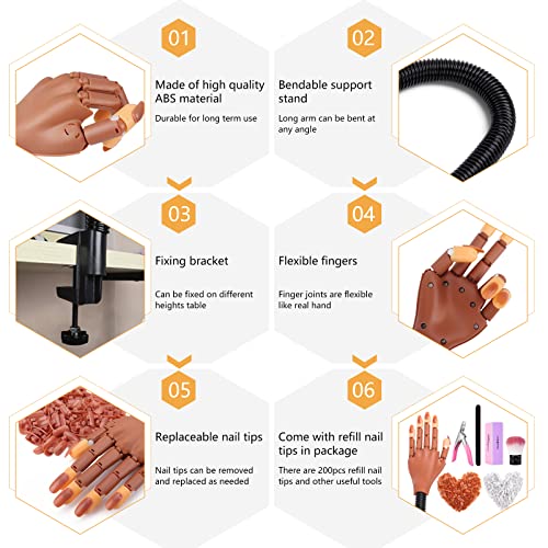 LIONVISON Practice Hand for Acrylic Nails, Flexible Nail Practice Hands Training Kits, Fake Manican Hands for Nails Practice, Movable Nail Maniquin Hand with 300PCS Nail Tips, File, Brush and Clipper