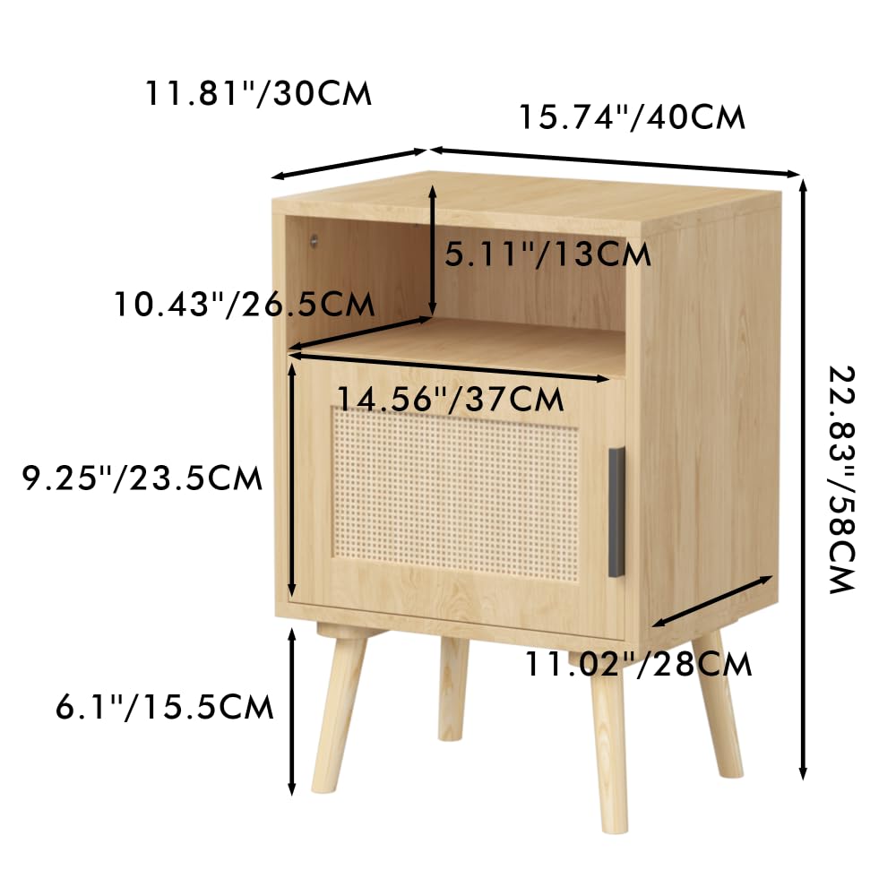 Luxebough Rattan Nightstand, Side Table with Door and Open Shelf for Small Spaces, Accent Boho Night Stand with Solid Wood Legs, Oak Finish Bedside End Table, Premium Handmade Aesthetic, 1 Pack