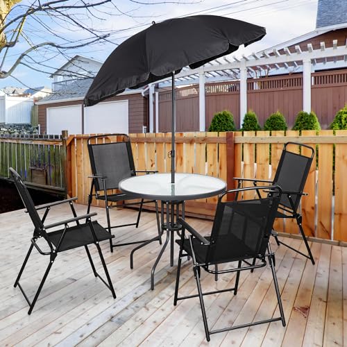 Shintenchi 6 Piece Patio Dining Set with Umbrella, Outdoor Furniture Set with 4 Folding Chairs and Tempered Glass Top Dining Table fot Lawn Backyard Garden Porch Black