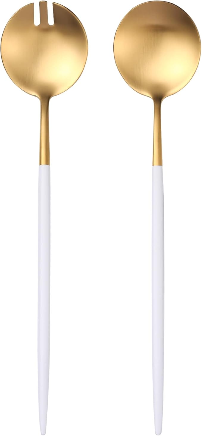 Lemeya White Gold Salad Serving Utensils,Serving Spoons Stainless Steel,2Pcs Long Handle Salad Servers 11.42 Inch,Salad Utensils for Serving,Matte Finish,Dishwasher Safe