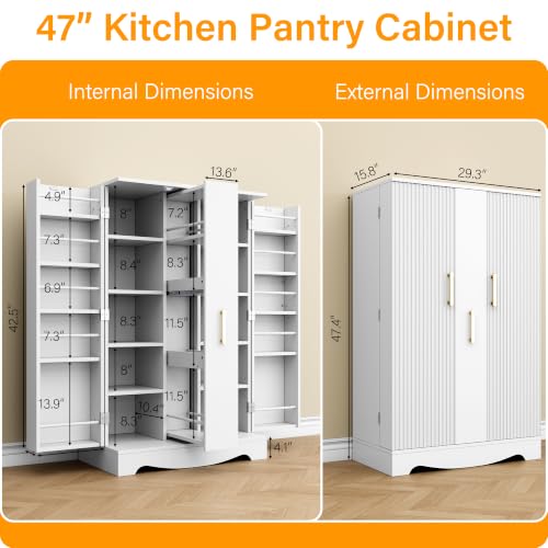 47“ White Kitchen Pantry Cabinet with 3 Doors