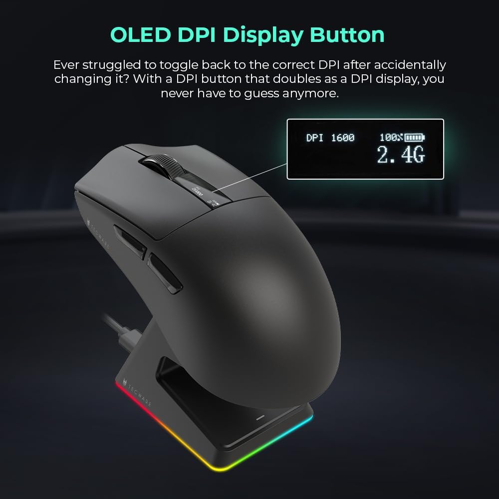 TECWARE EX1 Lightweight Gaming Mouse | 26K DPI Wireless Mouse with OLED Display | 59g Ultra-Light Design | RGB Charging Dock | Tri-Mode Connectivity 2.4GHz/Bluetooth/Wired with Grip Tape | Black