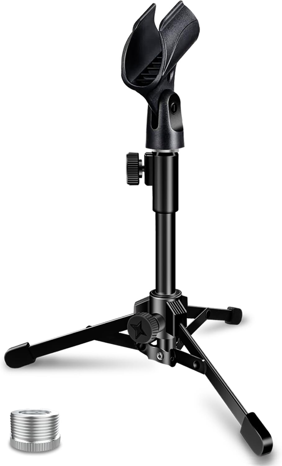 Desktop Mic Stand Portable Foldable Tripod with Mic Clip Holder and 5/8" Male to 3/8" Female Screw Adjustable Microphone Stand.