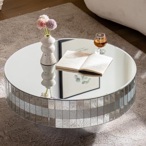 Round Coffee Table with Dazzling Crushed Crystal Border, 31" Round Silver Mirrored Coffee Table for Living Room, Glam Modern Glass Living Room Center Tea Cocktail Table, Bedroom Pedestal Nightstand