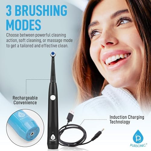 Pursonic Rotating Electric Toothbrush for Adults with 3 Brush Heads - Toothbrush Electric with 3 Cleaning Modes - USB Rechargeable Toothbrush with 2 Minute Smart Timer (White)
