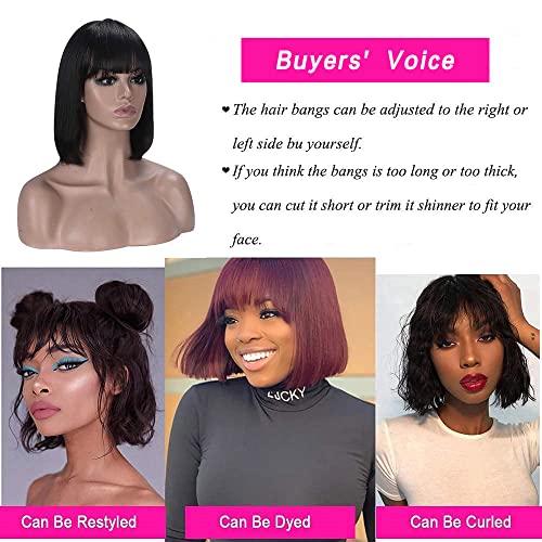 Rebasar Short Bob Wigs Human Hair 8 Inch Glueless Wear and Go Bob Wig With Bangs Human Hair Wigs for Black Women Brazilian Straight Hair No Lace Front Natural Black Wig