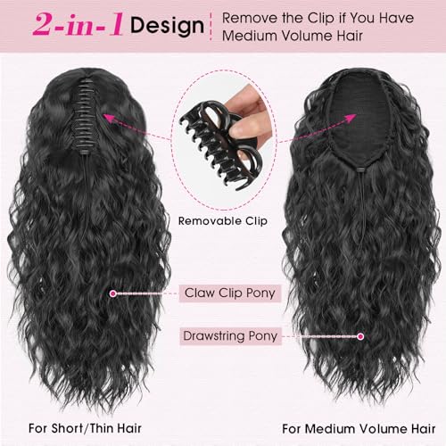 RONTAYA Ponytail Extension, 18 Inch Black Claw Clip Ponytail Extensions for Women, Multi Layered Fluffy Thick Wavy Jaw Clip in Fake Pony Tails Fake Hair Soft Synthetic Hairpiece