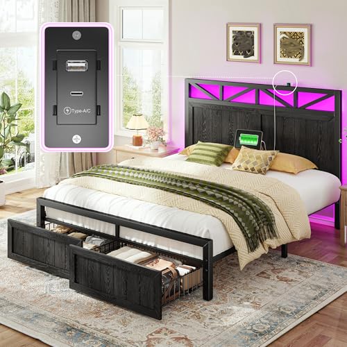 Homkdom King Size Bed Frame with 2 Storage and LED Lights, King Bed Frame and Headboard Built in Charging Station,Noise-Free,Easy Assembly, No Box Spring Needed, Black