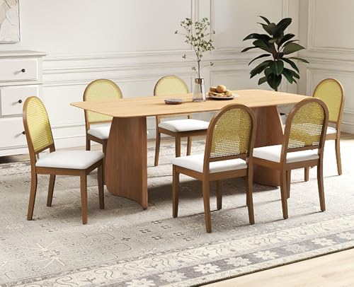 Kmax Farmhouse Rattan Dining Chairs Set of 4 Velvet Upholstered Dining Room Chairs with Cane Back for Kitchen, Brown Wood Frame