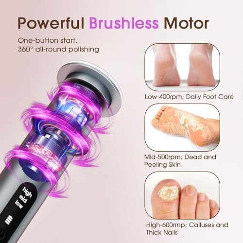 Electric Foot File Callus Remover for Feet: 2600mah Cordless Callus Remover for Feet Professional with 2 Grinding Head, 3 Speed 60 PCS Sandpaper Discs, Feet Dead Skin Sander Pedicure Tools for Women
