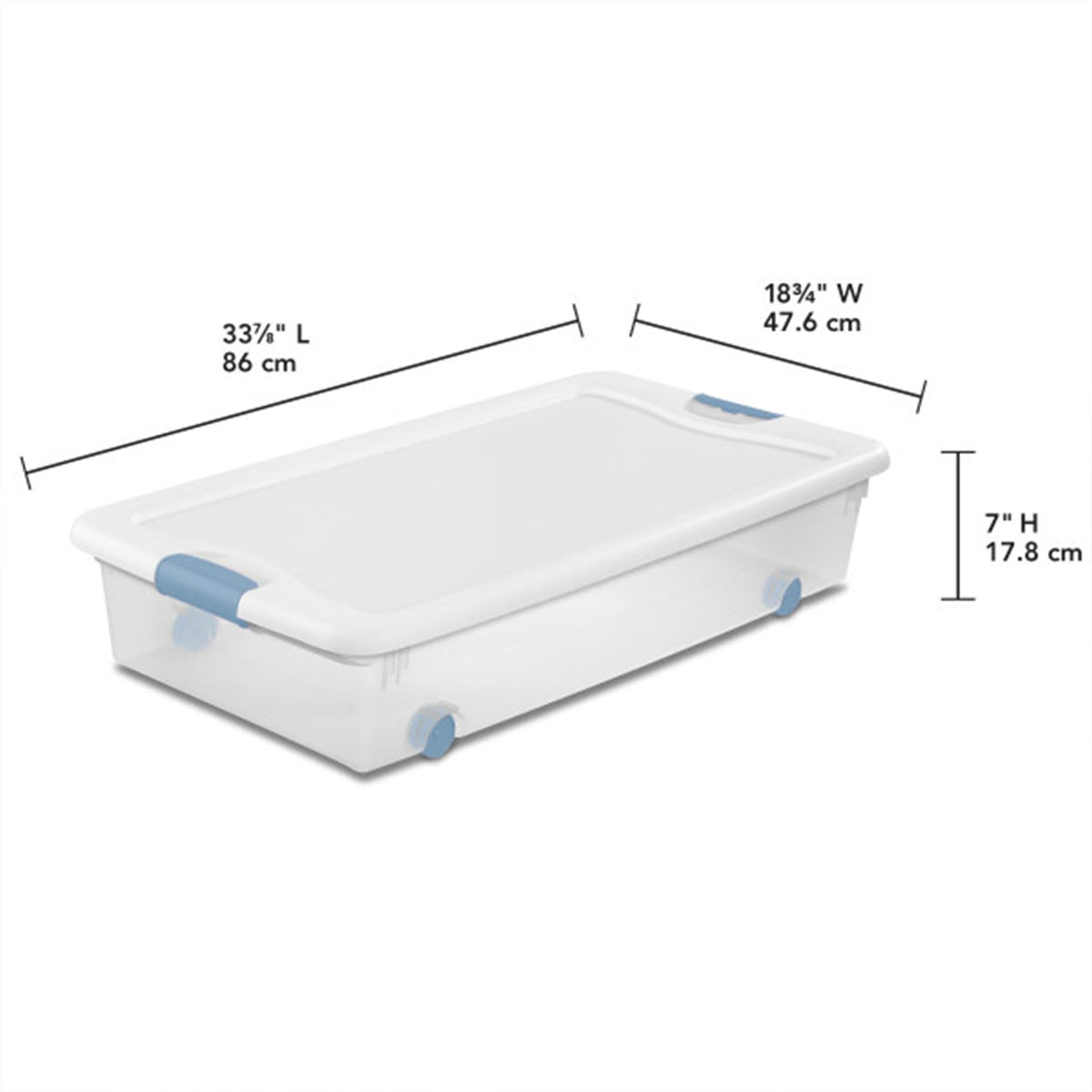 Sterilite 56 Qt Wheeled Latching Storage Box, Stackable Bin with Latch Lid, Plastic Container to Organize Shoes Underbed, Clear with White Lid, 4-Pack