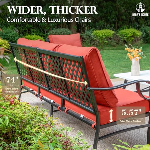 HERA'S HOUSE Patio Furniture Sofa, All-Weather Outdoor 3 Seats Couch, Outdoor Patio Couch with Deep Seating and Olefin Cushions for Lawn Garden Backyard, Red