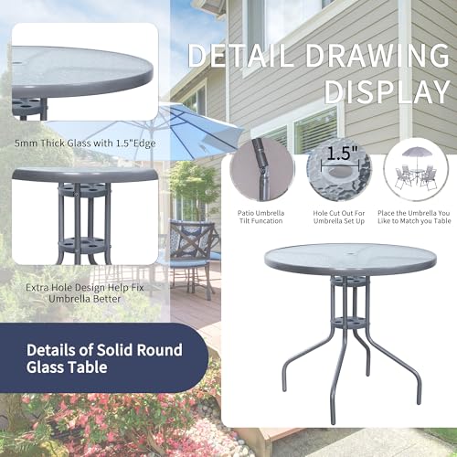 Shintenchi 6 Piece Patio Dining Set with Umbrella, Outdoor Furniture Set with 4 Folding Chairs and Tempered Glass Top Dining Table fot Lawn Backyard Garden Porch Silver