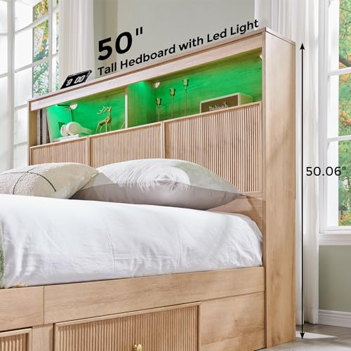 Fluted Queen Size Bed Frame with 50" Tall Storage Headboard with 4 Drawers,Wooden Platform Bed Frame with LED Lights/Storage Headboard Charging Station Easy Assembly/No Box Spring Needed/Natural