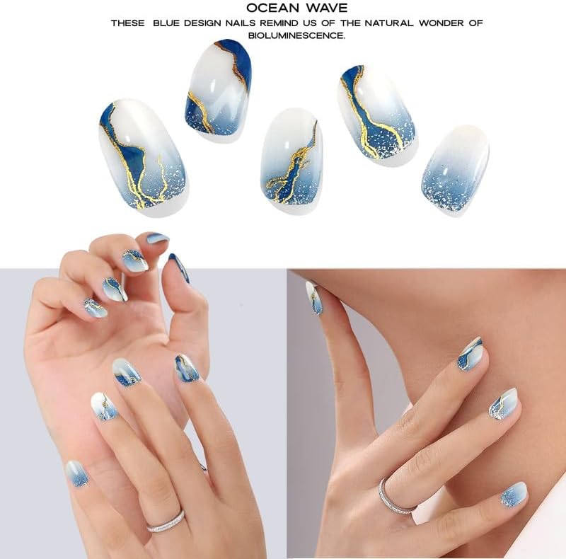 Semi Cured Gel Nail Strips with 20 Pieces, Salon Quality Nail Wraps for Women, Gold Foil Gradient Blue UV Gel Nail Stickers, UV Light Required, Ocean Wave