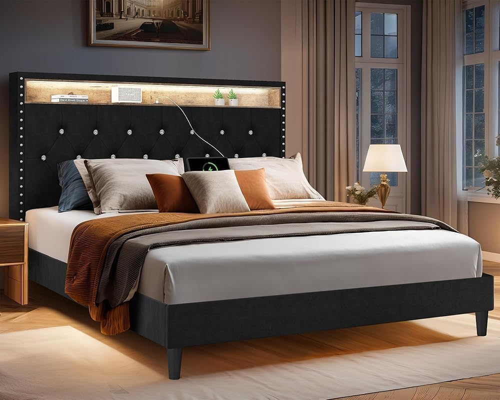 HOMBCK Queen Bed Frame with Charging Station and LED, Upholstered Platform Bed Frame Queen Size with Diamond Tufted Storage Headboard, Wood Slats Support, No Box Spring Needed, Easy Assembly, Black