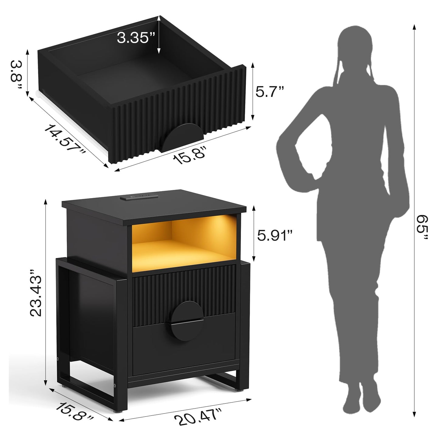 LGHM Fluted Nightstand with Strip Lights, Charger Station, Night Stand with 2 Drawers, Accent Bed Side Table and End Table,Curved Profile Design, Raising H Legs for Bedroom, Living Room,Black