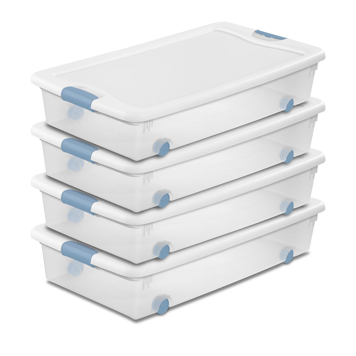 Sterilite 56 Qt Wheeled Latching Storage Box, Stackable Bin with Latch Lid, Plastic Container to Organize Shoes Underbed, Clear with White Lid, 4-Pack