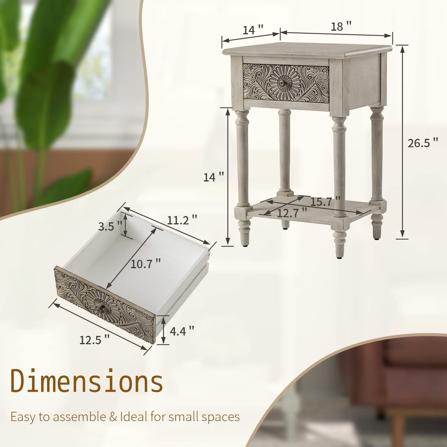 SUNBURY Vintage Nightstand Set of 2, Wood Small Bedside Table with Drawer and Open Shelf, Shabby Accent End Side Table for Living Room, Bedroom