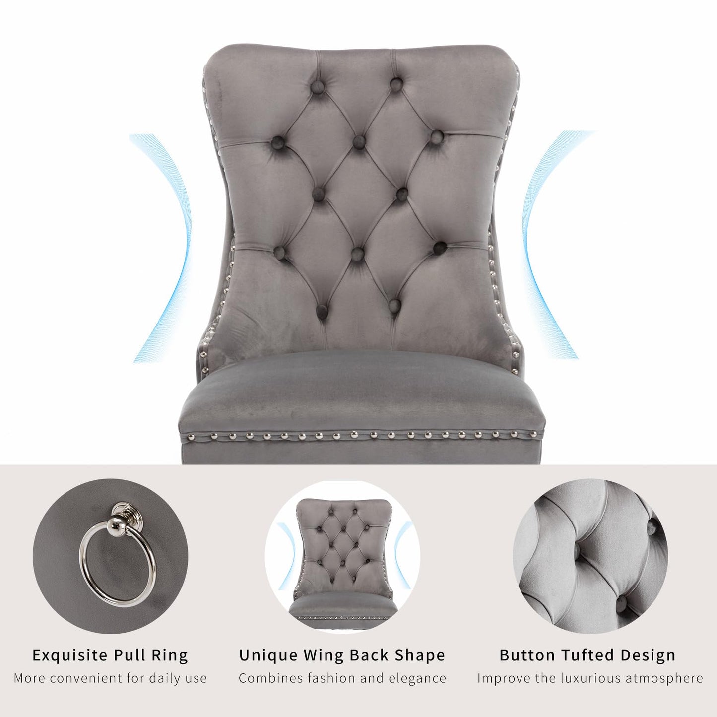 ODUSE-DAILY Gray Velvet Dining Chairs Set of 4 for Kitchen & Dining Room, High Tufted Back Dinning Chairs, Sillas de Comedor, Fabric Upholstered, Brushed Chrome Metal Legs, Grey