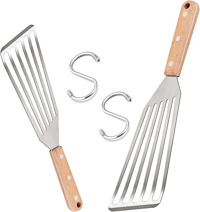 Fish Spatula Set of 2, HaSteeL Stainless Steel Slotted Spatula Turner with Riveted Wooden Handle, Professional Metal Spatulas Great for Kitchen Cooking Flipping Frying & Grilling, 2 x Hooks