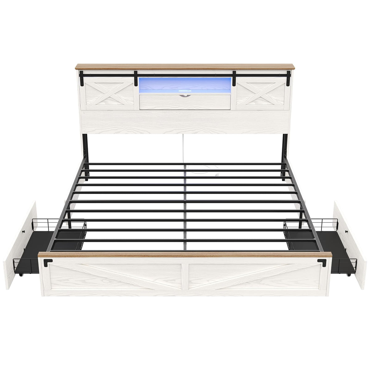 Hasuit Farmhouse Bed Frame King Size with Storage Bookcase Headboard, Wooden King Bed with LED Lights, Charging Station, 2 Drawers, Country Rustic Bed Frame with Sliding Barn Door