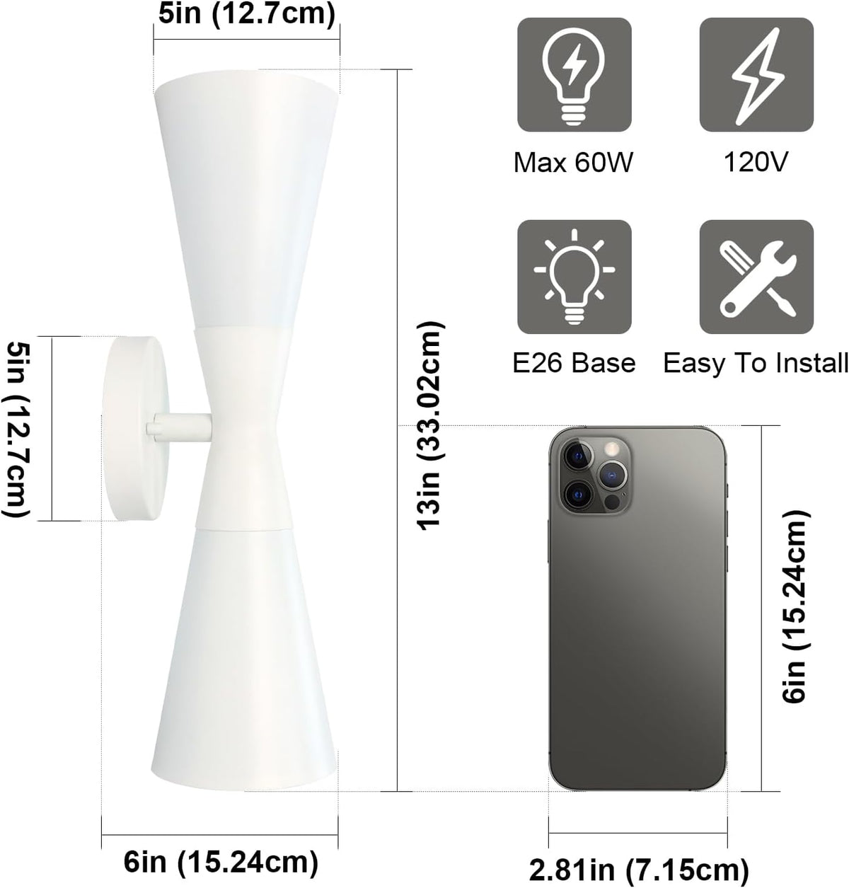 Modern Indoor Wall Sconce Up and Down White Wall Sconce Mid Century Indoor Wall Light Fixture Hardwired Wall Mounted Lamp for Living Room Bathroom Bedroom Hallway 13 Inch