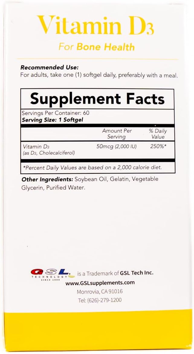 | Vitamin D3 | 50 mcg (2000 IU) Per Softgel | Dietary Supplement for Bone Health | Made in USA | 1 Pack of 60 Count (60 Softgels Total)