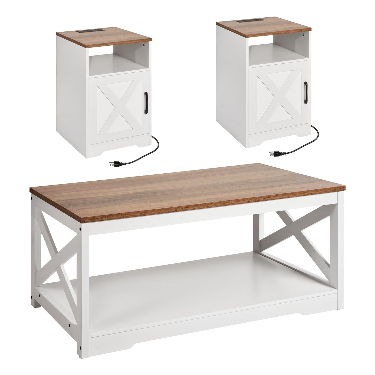 VEVOR 3 Pieces Farmhouse Coffee Table Sets, 40 Inch Industrial Coffee Table with 2 End Tables, Easy Assembly Coffee and Side Tables Sets with Charging Station, for Office, Living Room & Apartment