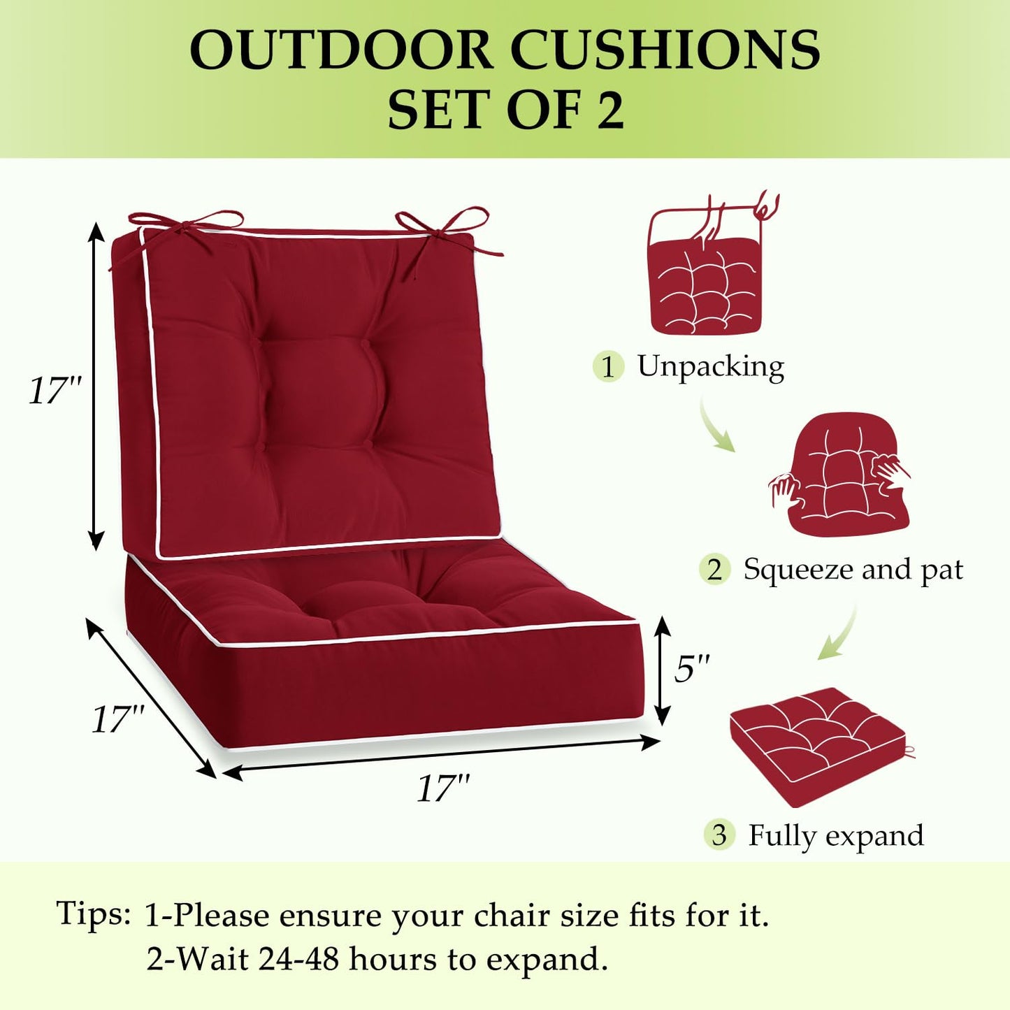 HARBOREST Outdoor Chair Cushions Set of 2, Tufted Patio Chair Cushions with Ties, Square Corner Outdoor Cushions for Patio Furniture, Lawn Chairs, Wicker Chairs, 17" x 17" x 5", Burgundy