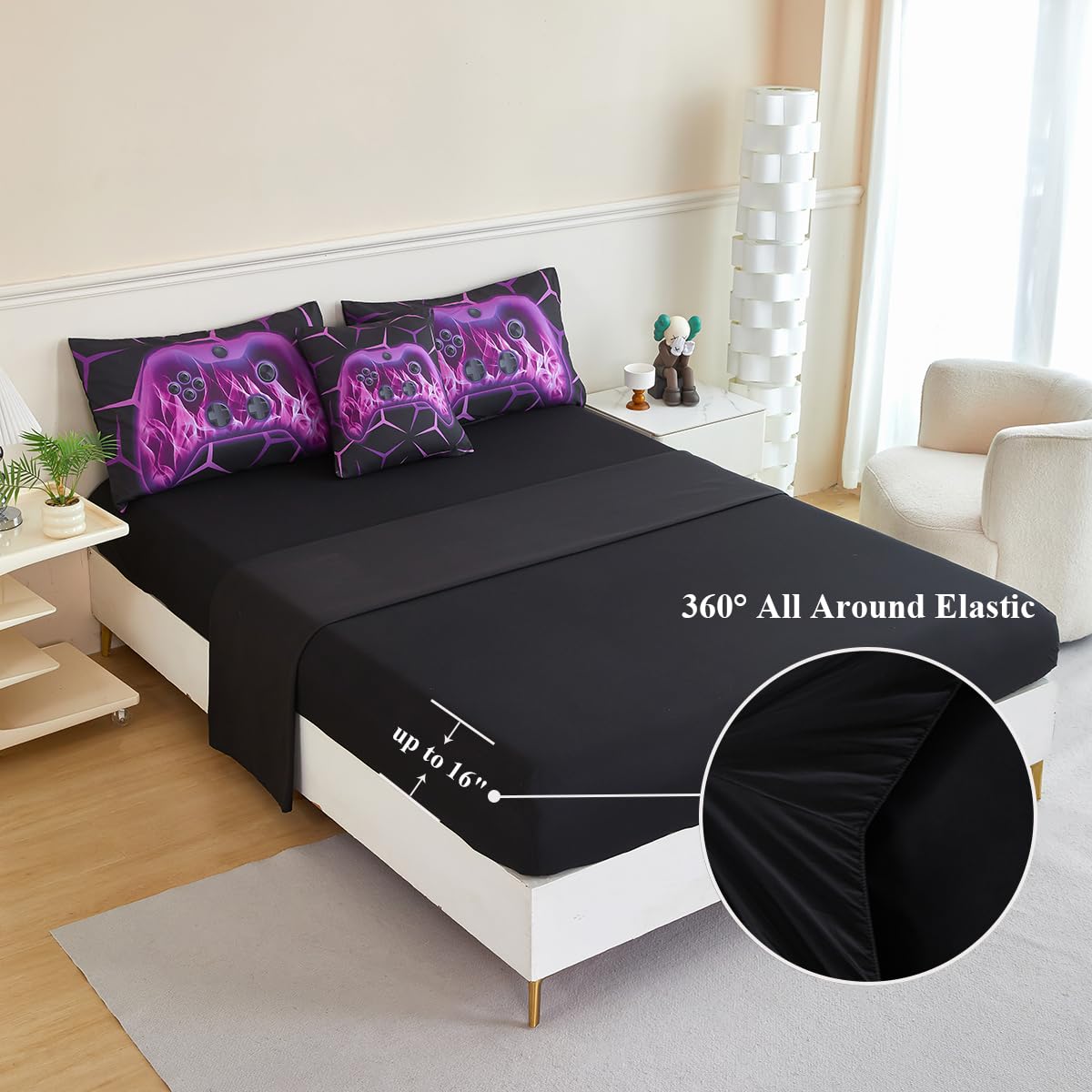 ZSYAYAHA Boys Comforter Set Twin 6 Pieces Gaming Bedding Set Black Purple Bed in A Bag Set Modern Video Games Bed Set for Kids Bed Decor(Purple, Twin)
