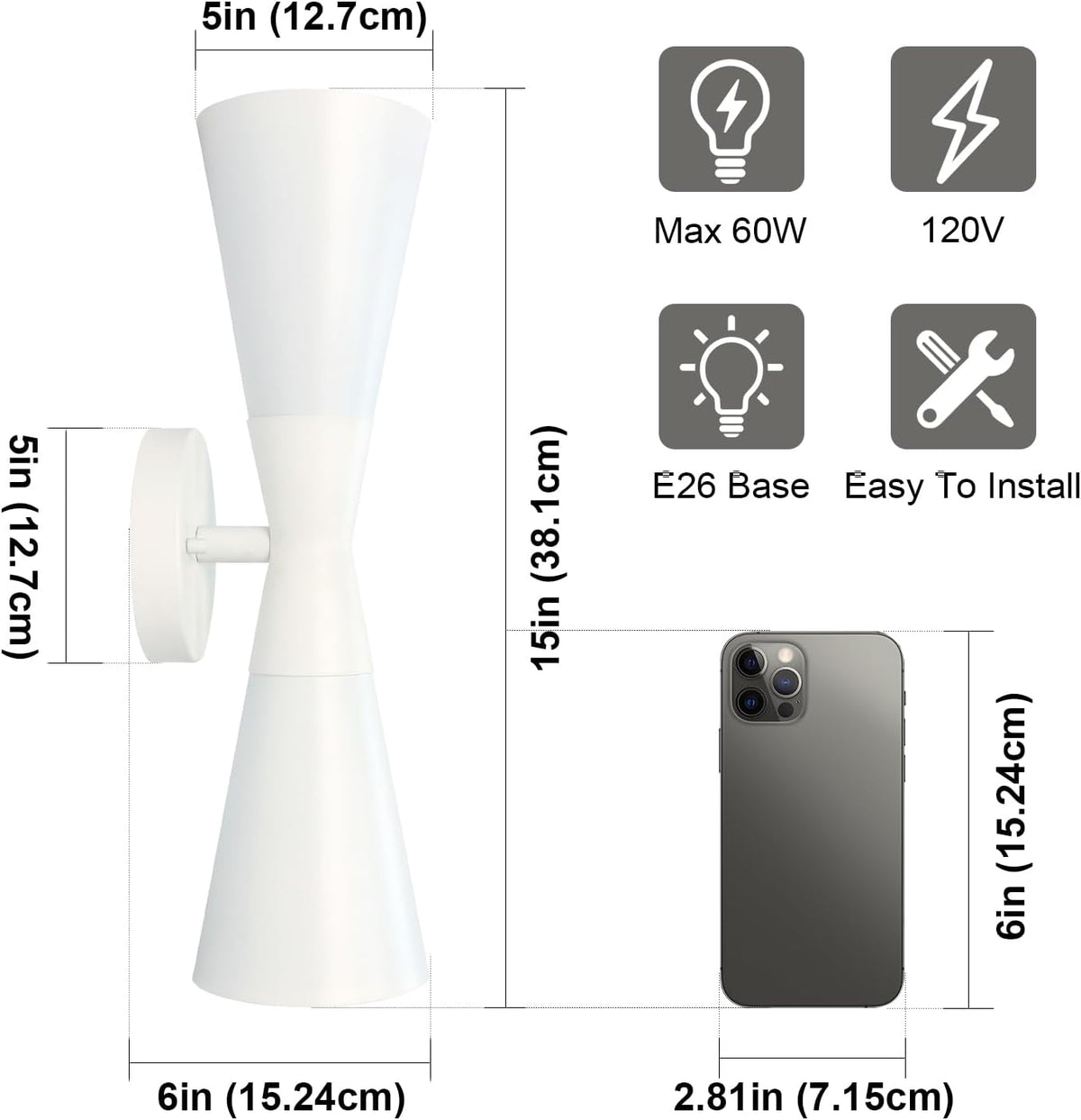 Modern Indoor Wall Sconce Up and Down White Wall Sconce Mid Century Indoor Wall Light Fixture Hardwired Wall Mounted Lamp for Living Room Bathroom Bedroom Hallway 15 Inch