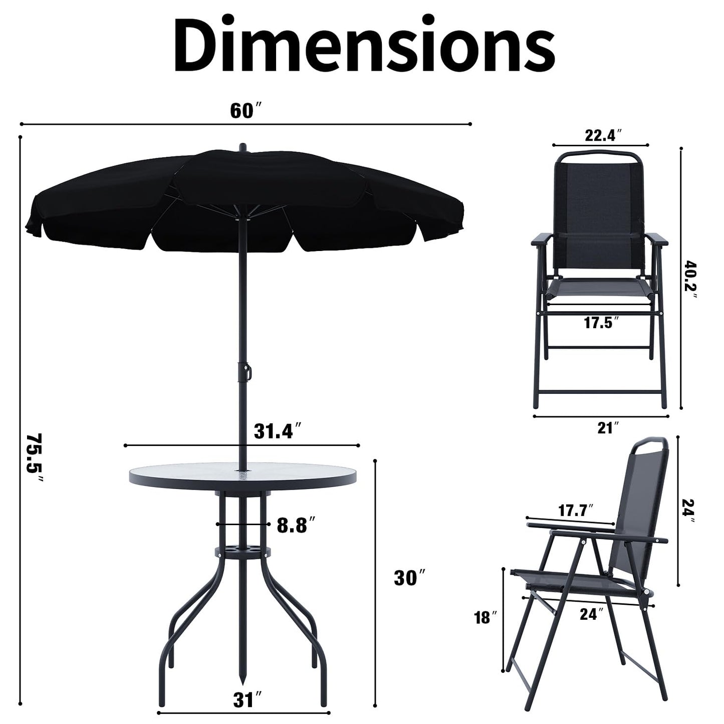 TAVATA 6 Piece Patio Dining Set with Umbrella, Outdoor Furniture Set with 4 Folding Chairs & Portable Metal Garden Table for Lawn, Backyard, Deck, Camping（Black）