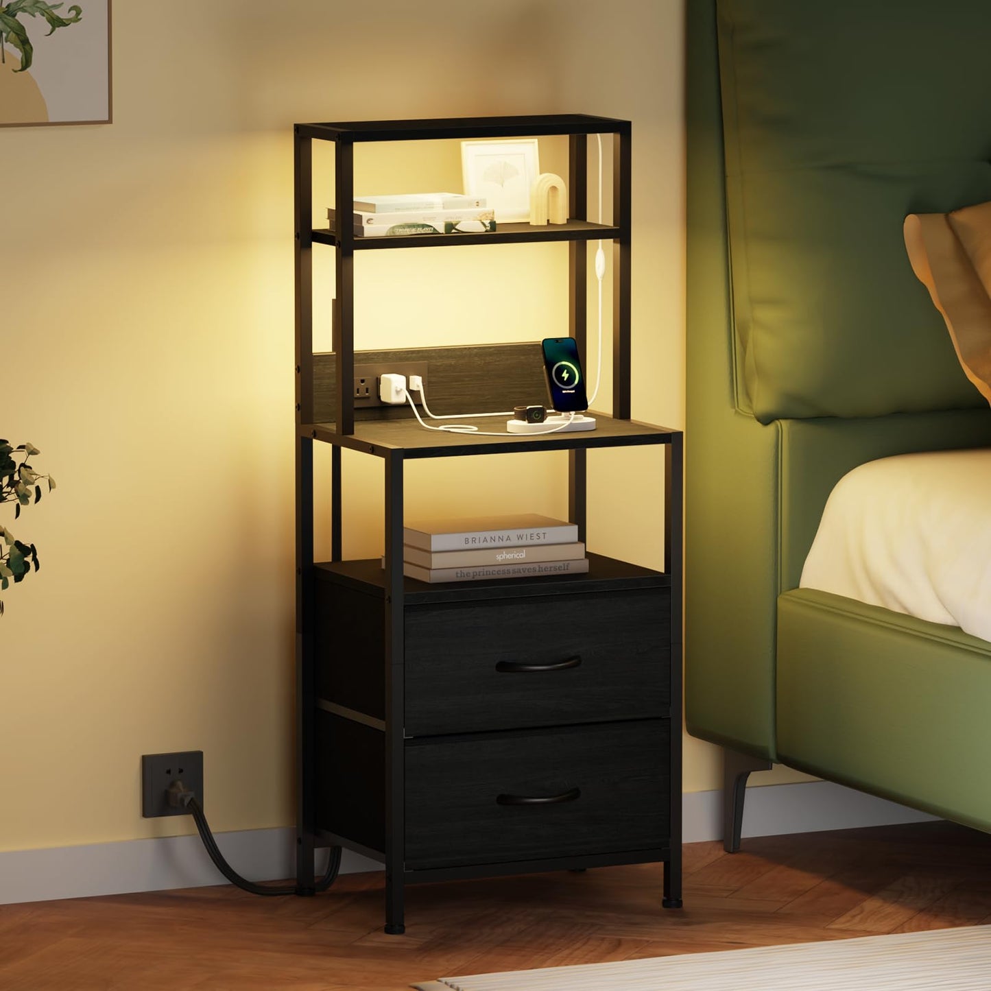 Furnulem Night Stand, Tall Nightstand with 4-Tier Shelves, 2 Fabric Drawers and Light Tube, Bed Side Tables with Charging Station, Bedside Table for Bedroom, Office, Black Oak