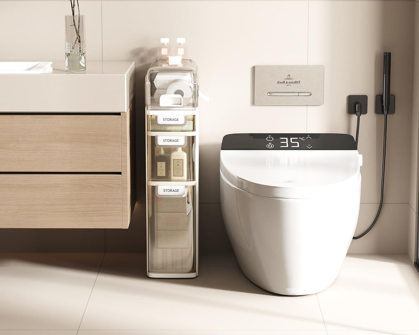 Seeday 3 Tier Slim Bathroom Storage Cabinet, Narrow Organizer with Wheels and Toilet Paper Holder, Waterproof, No Assembly Required, Perfect for Small Spaces in Bathroom, Kitchen and Bedroom