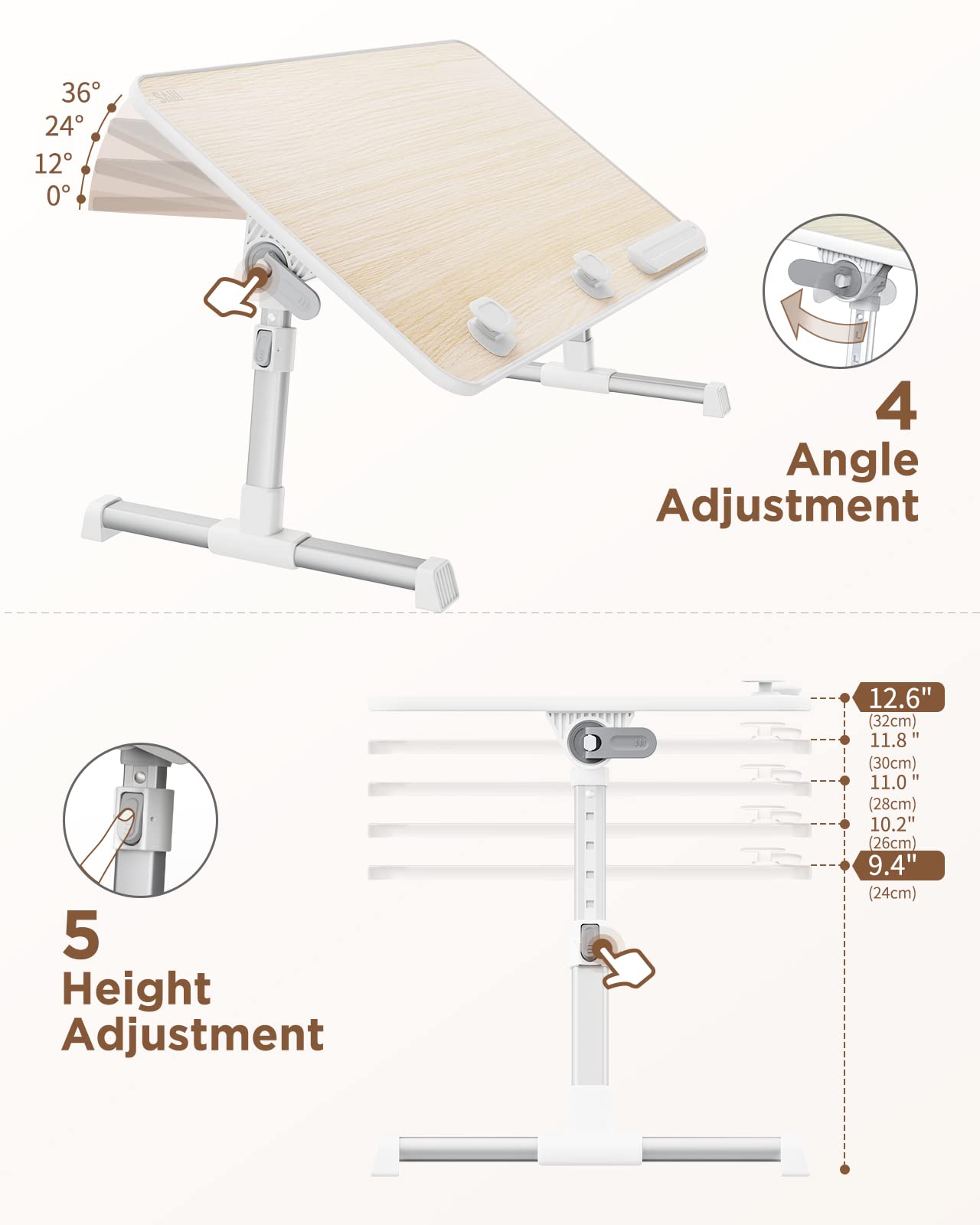 SAIJI Laptop Bed Tray Table, Adjustable Home Office Standing Desk Portable Lightweight Foldable Lap Desk for Sofa Couch Floor Working Studying Reading Writing Eating,Fit Up to 17" Laptop(Large,Teak)