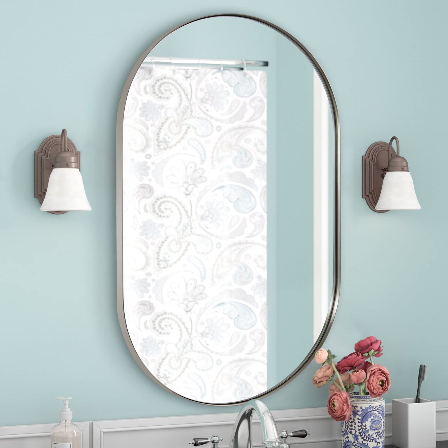 ANDY STAR Chrome Bathroom Mirror, 26x38’’ Oval Mirrors for Bathroom, Pill Shaped Mirror Chrome Metal Framed, SUS304 Anti-Rust, 1’’ Deep Wall-Mounted Vertically/Horizontally