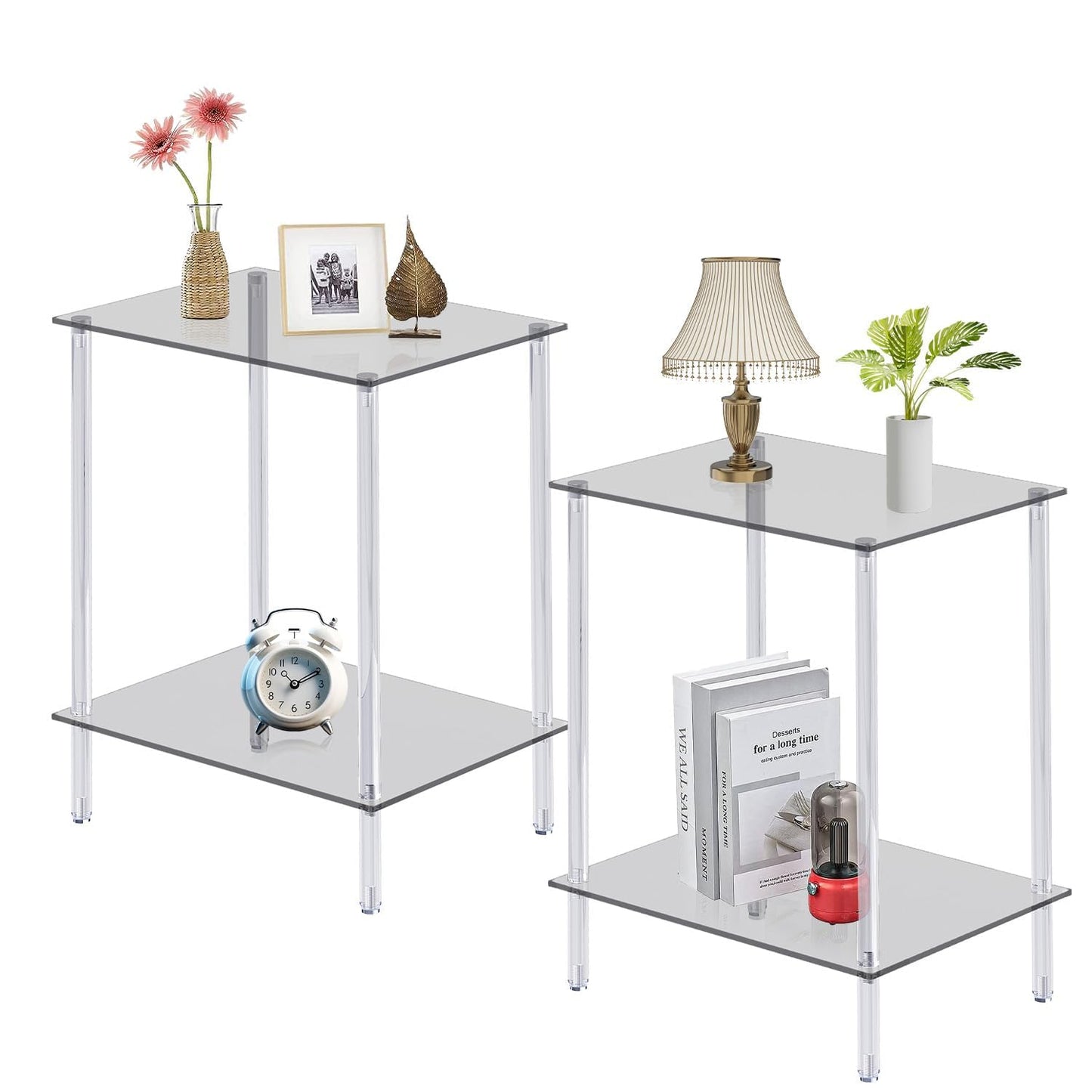 IRCPEN Acrylic Glass Side Tables with 2 Shelve End Table Bedside Set of 2, Simplicity Nightstands for Small Spaces, 2-Tier Tempered Glass for Office Bedroom Living Room Study Outdoor Black ET-008BK