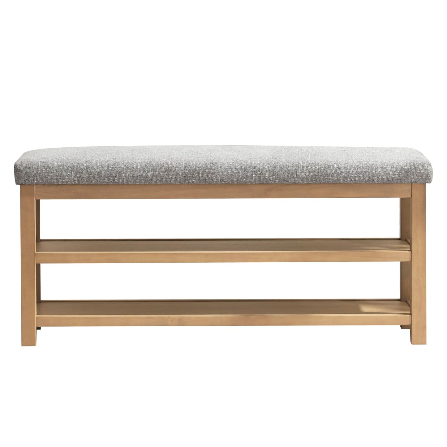Zihanhome 2 Tier Shoe Rack Bench with Cushion, Solid Wood Shoe Benches, Mid-Century Modern Shoe Storage Bench for Entryway, Hallway, Living Room, Closet, Front Door Entrance, (Grey, 46.5")