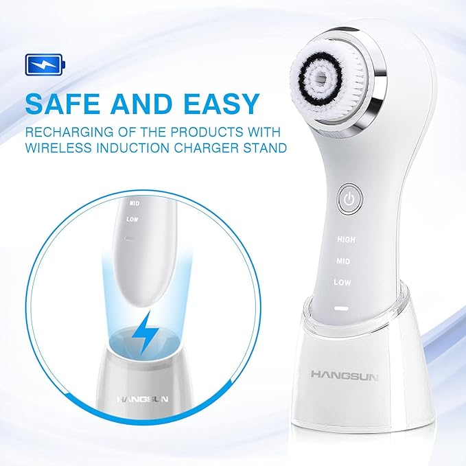 Facial Cleansing Brush Sonic Facial Brush Skin Cleansing Electric Face Scrubber Exfoliator by Hangsun SC200 with 3 Brush Heads, 3 Speed Modes Rechargeable for Exfoliating, Massaging and Deep Cleansing
