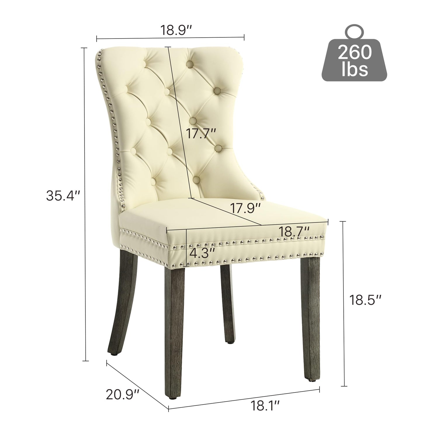 GOOLON PU Leather Dining Chairs Set of 2, Upholstered Button Tufted Dining Room Chairs with Rivet Trim Metal Pull Ring Wood Legs for Kitchen, Restaurant, Beige