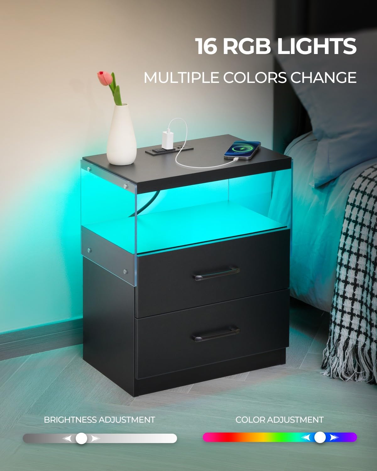i-aplus Black Night Stand Set of 2,LED Nightstand with Charging Station,Bedside Table with 2 Drawers,Modern Bed Side Tables Bedroom