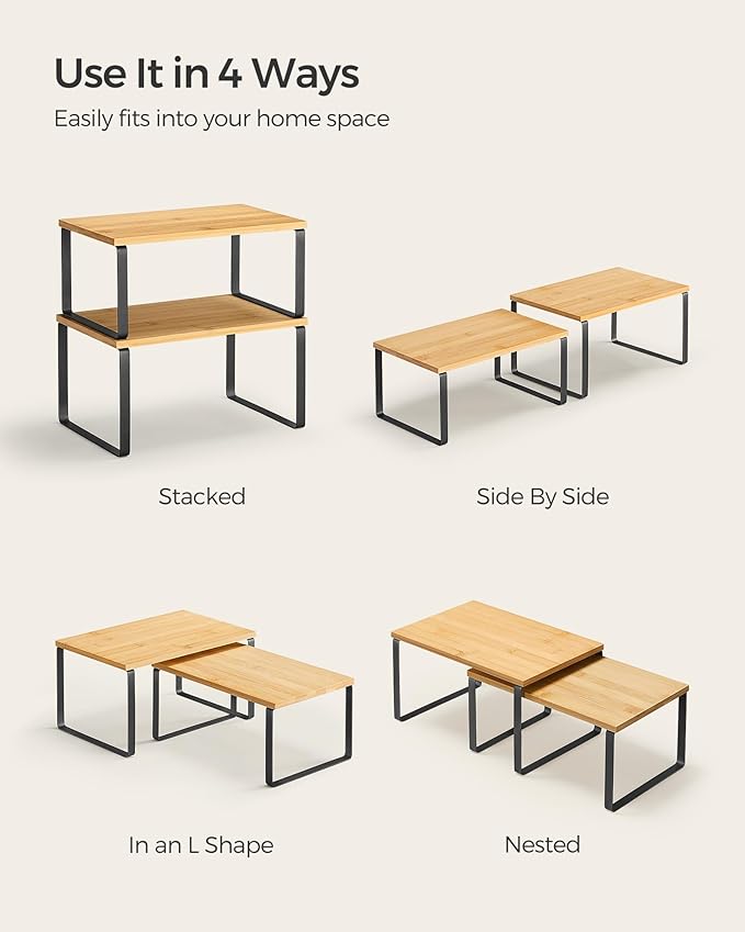 SONGMICS Cabinet Organizer Shelf, Set of 4 Kitchen Counter Shelves, Kitchen Storage, Spice Rack, Stackable, Expandable, Metal and Engineered Wood, Ink Black and Natural Beige UKCS10NB