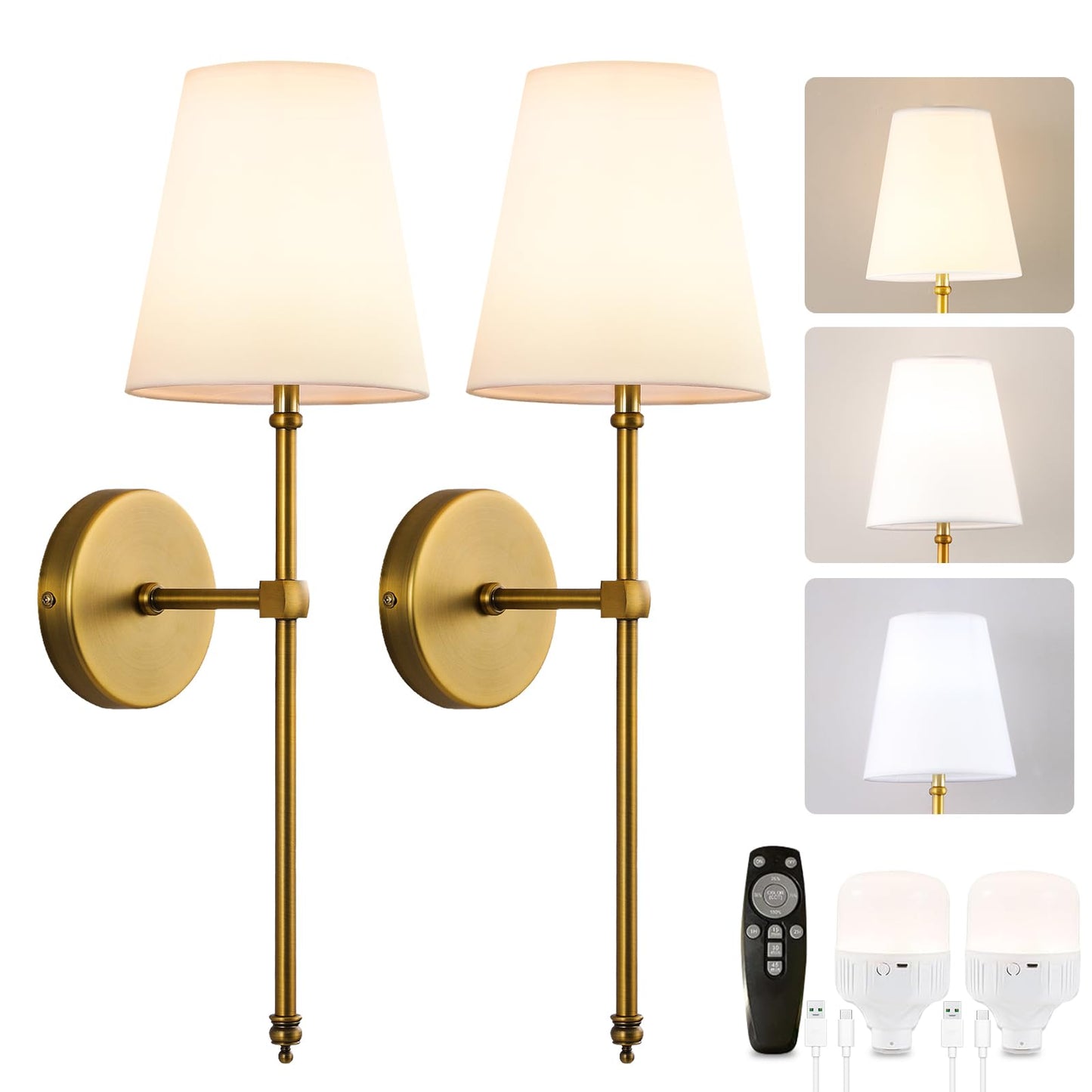 HOXIYA DIMMABLE Battery Operated Wall Sconces Set of 2, Rechargeable Wireless Gold Wall Lighting with Remote Control, Farmhouse Wall Lamp with Detachable Charging Light Bulb for Indoor Bedroom Brass